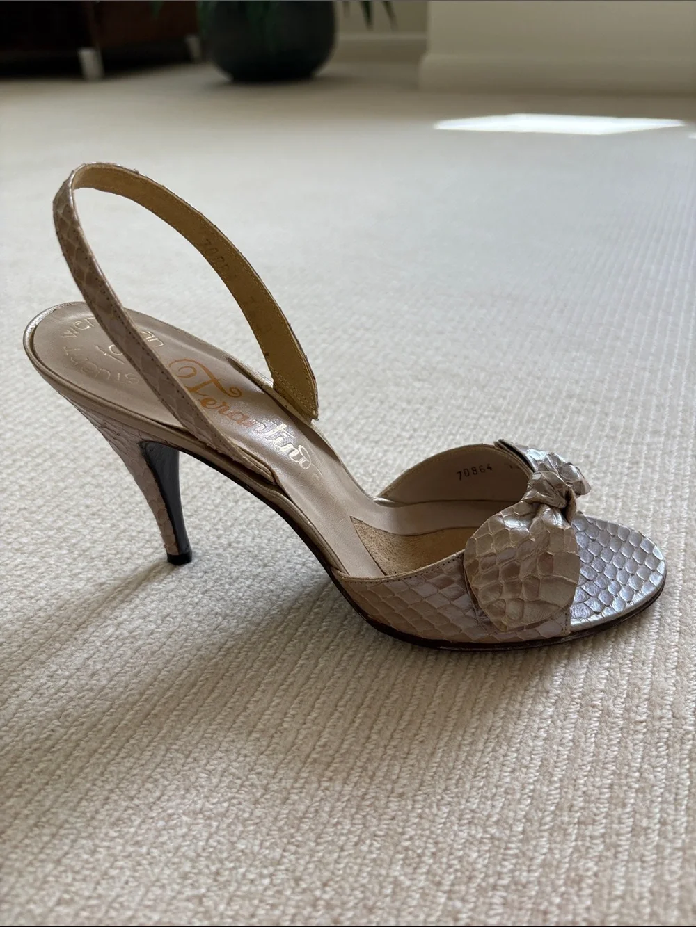 Stuart Weitzman Metallic Taupe Snake-Embossed Slingback Heels